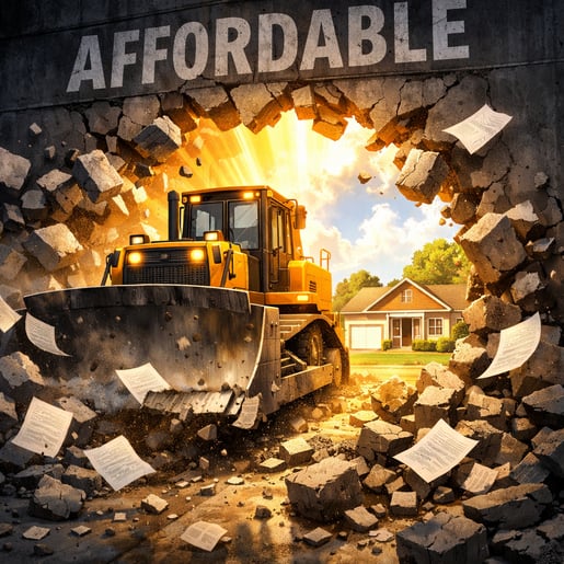 Bulldozer Shattering Wall with Golden Light and Affordable Text