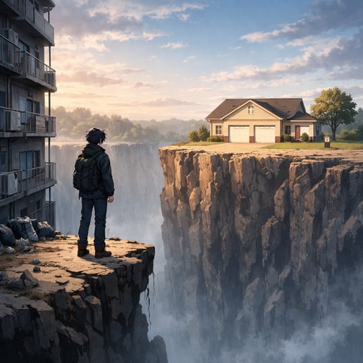 Lone Figure at Edge of Vast Chasm with Apartments
