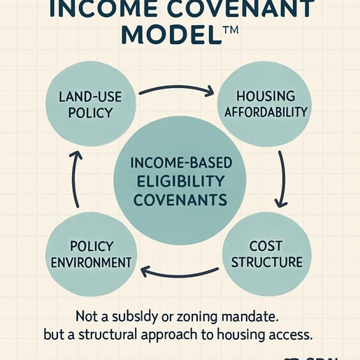 The image illustrates a conceptual framework diagram titled Income Covenant Model At the center a large circle labeled IncomeBased Eligibility Covenan