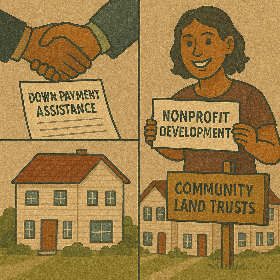 An illustration of proposed housing solutions including a handshake labeled “Down Payment Assistance,” a smiling woman holding a sign for “Nonprofit Development,” and a sign reading “Community Land Trusts,” with modest homes in the background.