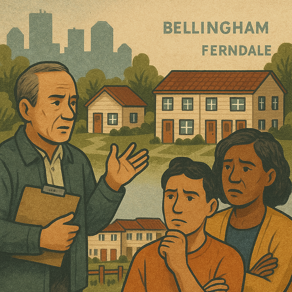 A city planner or community leader speaks to a concerned young couple in front of homes labeled “Bellingham” and “Ferndale,” referencing local middle housing policies in Whatcom County and their real-world implications.