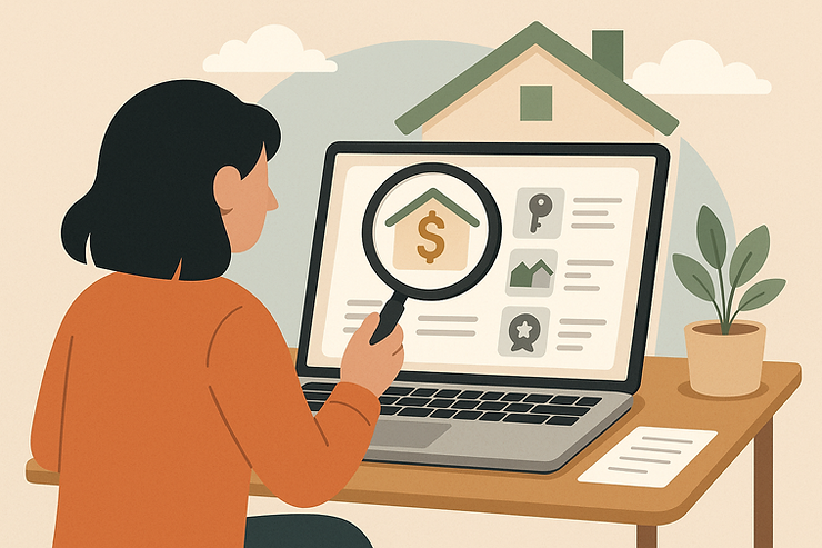 Illustration of a person reviewing housing options on a laptop, symbolizing research into down payment assistance programs. The screen shows housing icons with a magnifying glass highlighting a dollar sign inside a home, representing financial planning for homeownership.