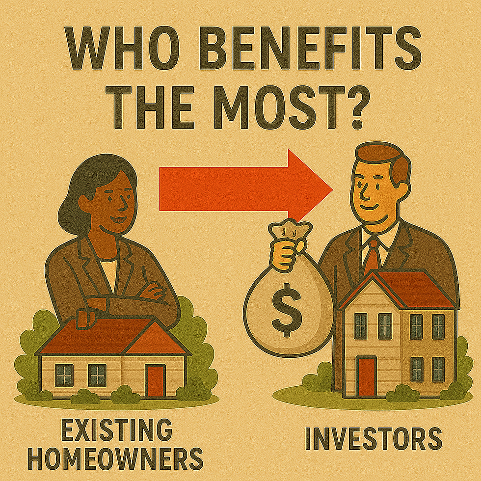 A happy older woman is in front of their home, while a smiling real estate developer in a suit stands beside an investment property. The contrasting expressions highlight how middle housing reforms primarily benefit existing property owners and developers.