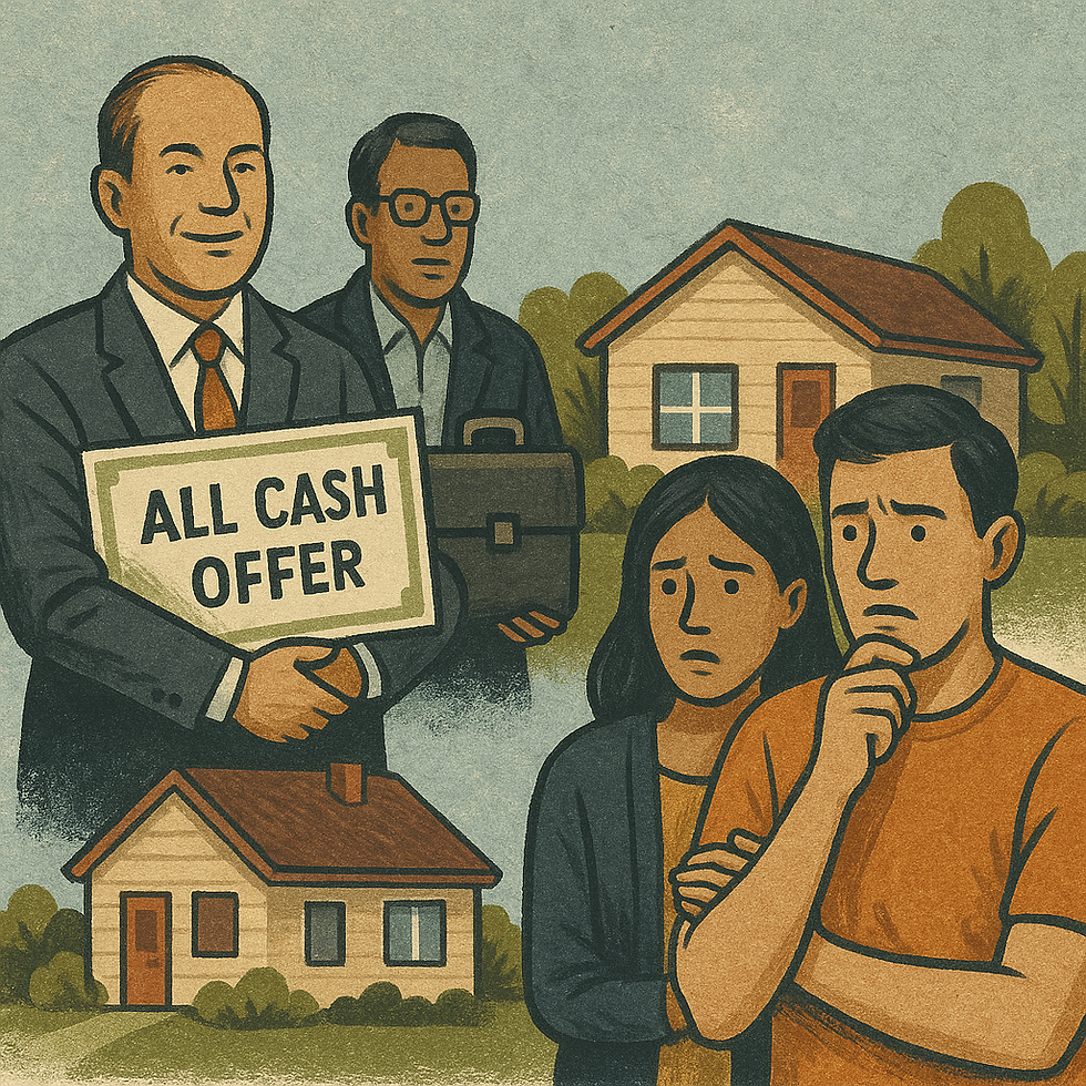 Two investors in business attire stand confidently, one holding a sign that says "ALL CASH OFFER," while a young couple looks anxious and discouraged in front of a small home, symbolizing the challenge first-time buyers face competing with cash investors.