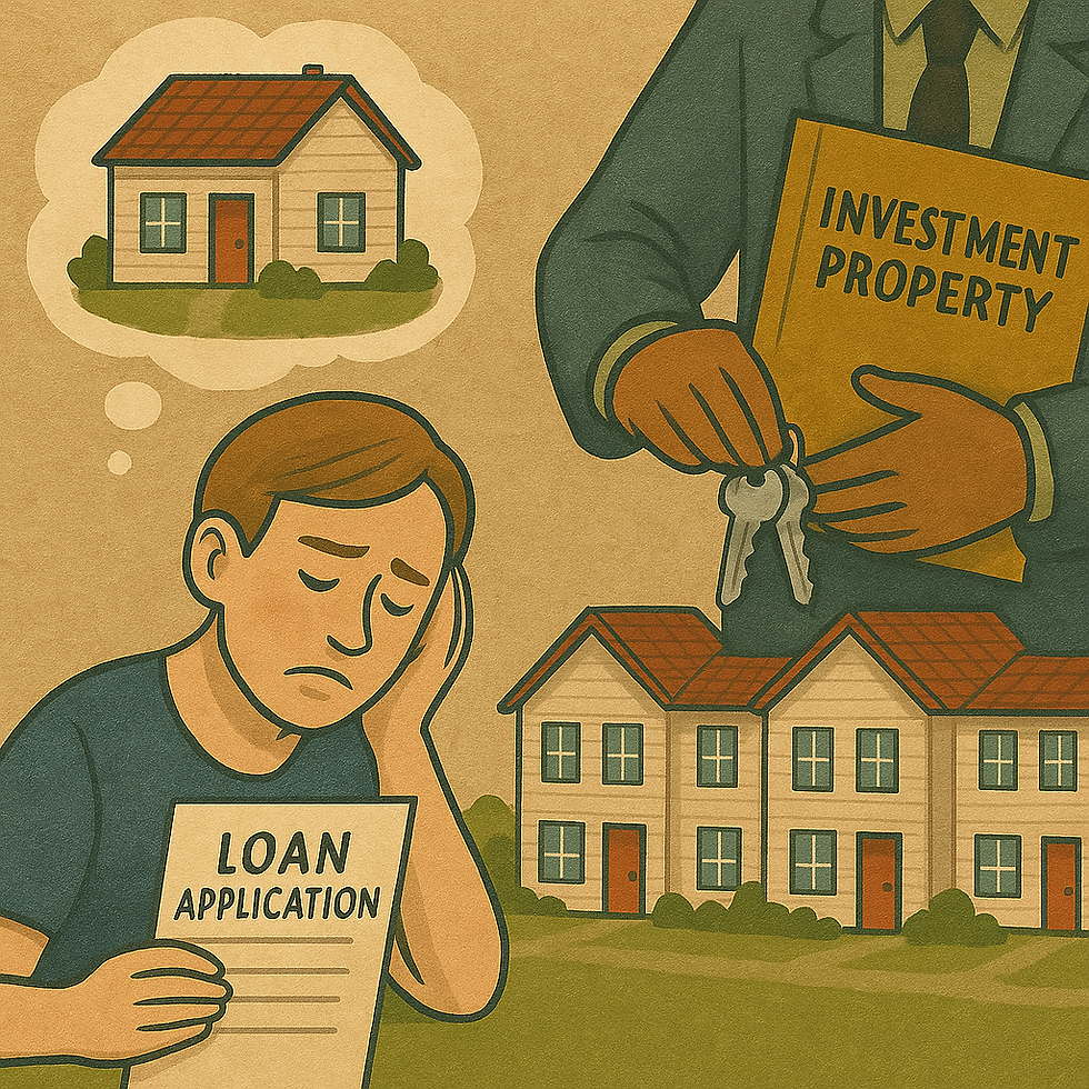 A sad young man holds a loan application with a thought bubble of a small house, while a businessperson labeled “Investment Property” hands over keys to a set of newly built homes—highlighting the disparity between investors and owner-occupiers.